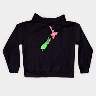 Colorful mandala art map of New Zealand with text in pink and green Kids Hoodie